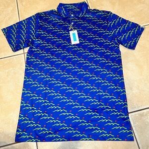 Royal Blue Short-Sleeve Polo with Green Wave & Red Flags Motif